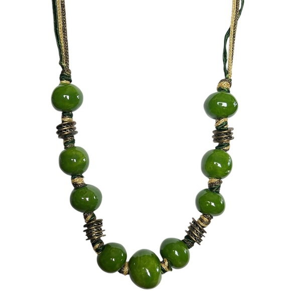 Vintage Jewelry - Vintage Olive Green Ceramic Bead Necklace with Brass Coil Accents